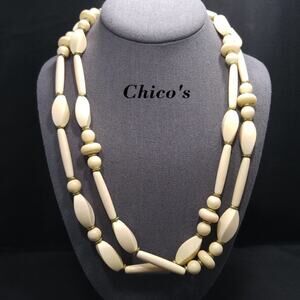 Chico’s Long Beige Beaded Necklace 52” Gold Tone Spacers Layered Boho Style